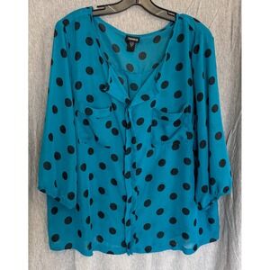 Torrid Polka Dot Blouse Teal Blue Chiffon 3/4 Sleeve Top Womens 2